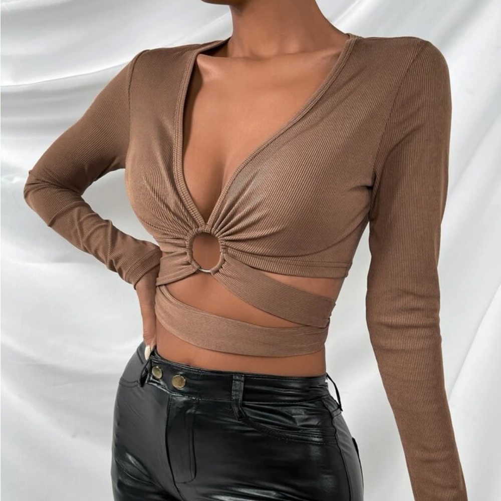 Shein O-ring Tie Back Rib Knit Tee - Nude